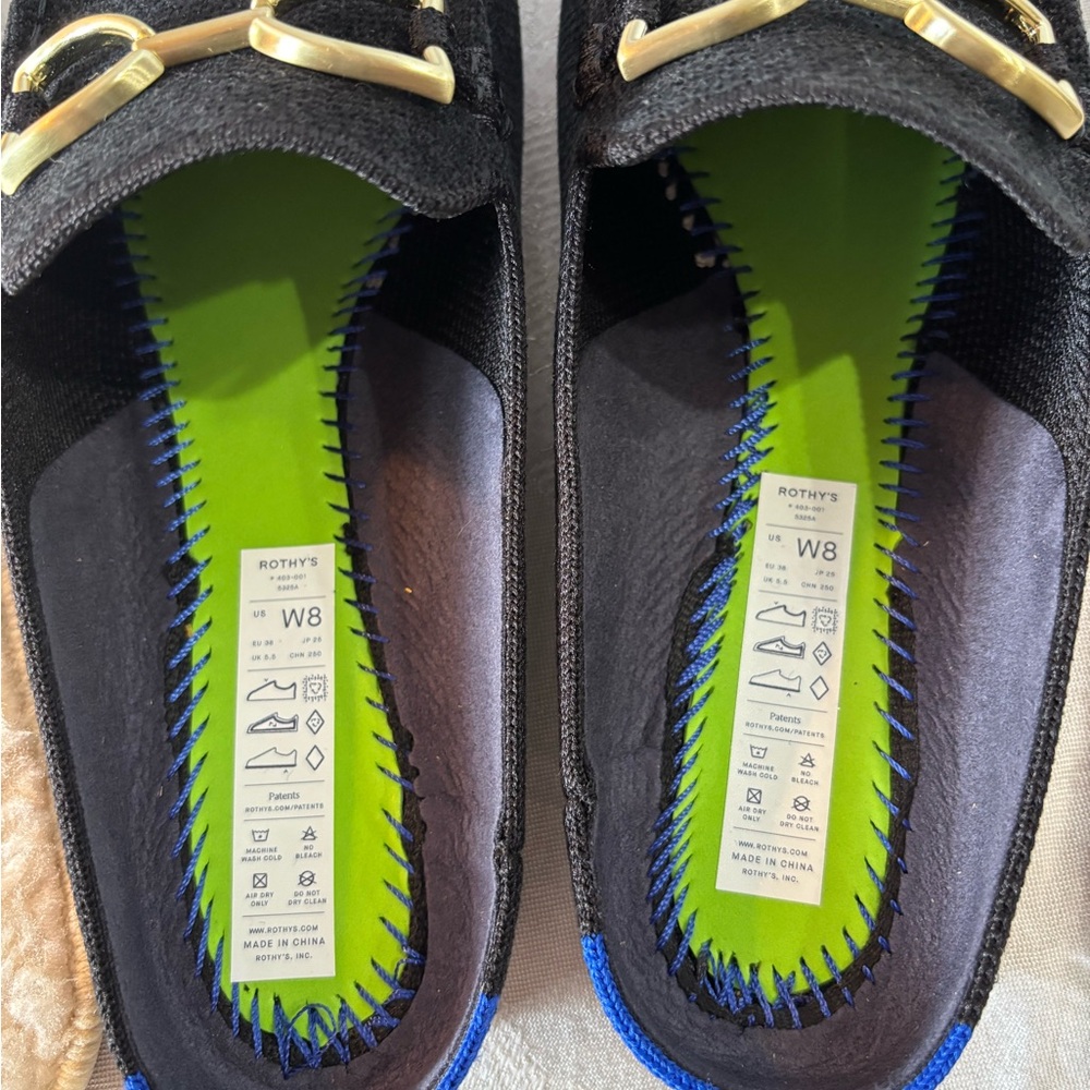 Rothy's Black ReVelvet Mules with Gold Horsebit Detail size 8 - Picture 6 of 8